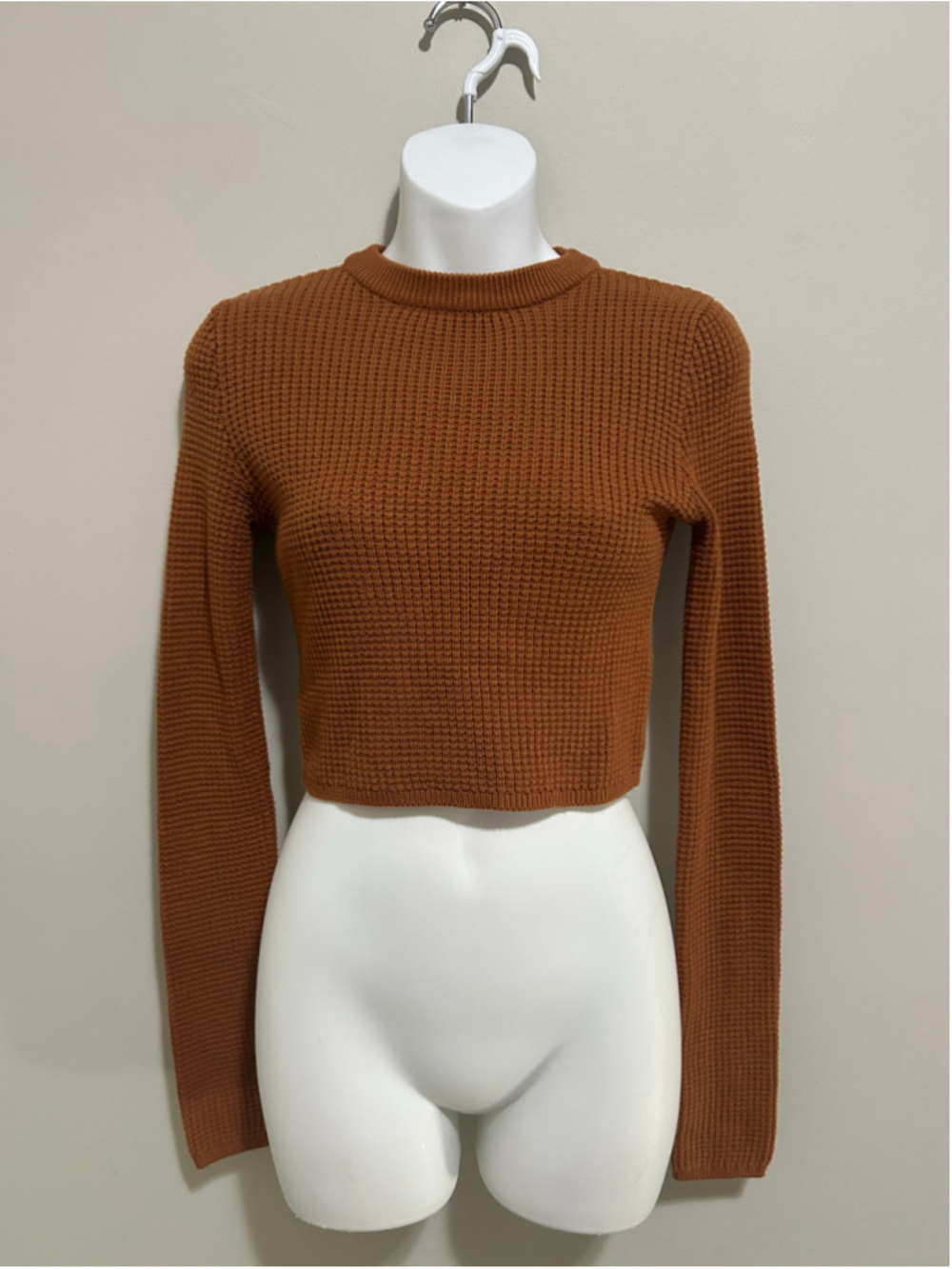 Brown Waffle Knit Long Sleeve Crop Top Size XS